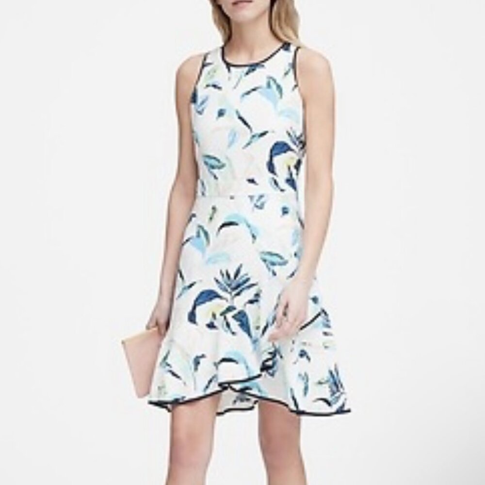 Banana Republic Floral Faux Wrap Dress Sz 12 Blue White Ruffle Fit & Flare Lined